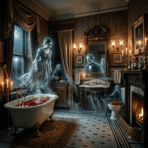 Victorian-style bathroom with ghostly apparitions including a woman floating over a bathtub and a man reflected in a mirror