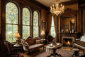 Victorian parlor with stained glass windows, antique furniture, fireplace, and chandelier