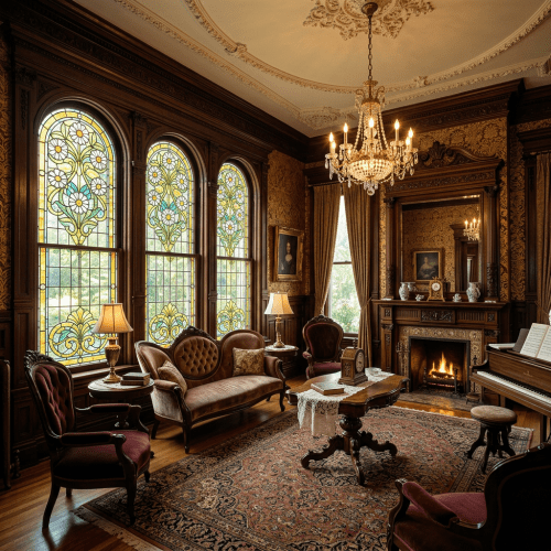 Victorian parlor with stained glass windows, antique furniture, fireplace, and chandelier