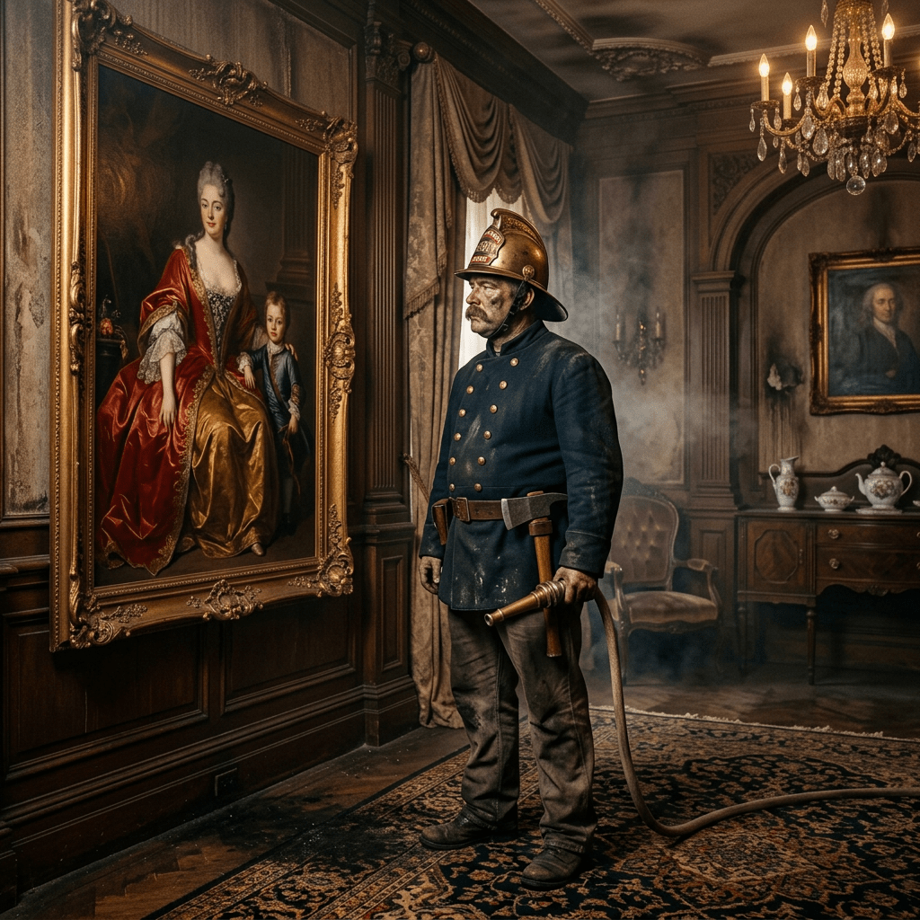 Vintage firefighter in uniform and helmet holding a hose inside a richly decorated room with large historical paintings and antique furniture