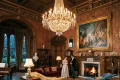 Victorian couple talking in an opulent drawing room with chandelier and fireplace