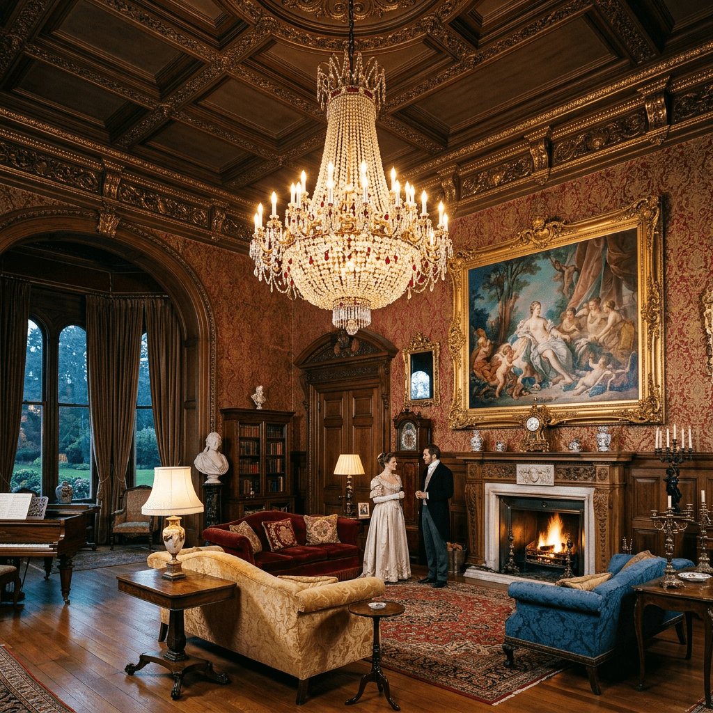 Victorian couple talking in an opulent drawing room with chandelier and fireplace